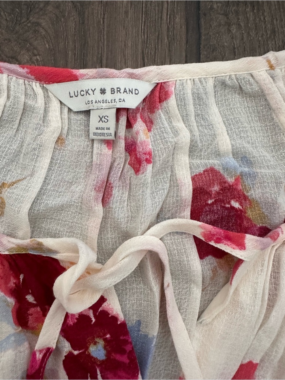 Lucky Brand Ivory Floral Tie-Neck Blouse with Red & Blue Blooms - Picture 3 of 8